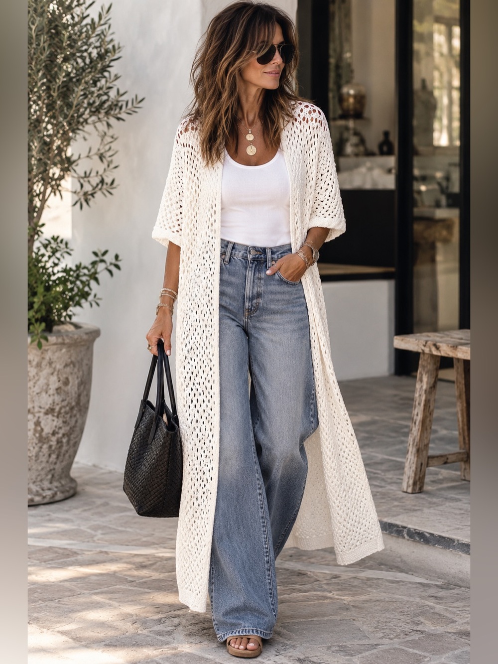 Milio Milano White Crochet Knit Maxi Duster Cover Up Made in Italy M